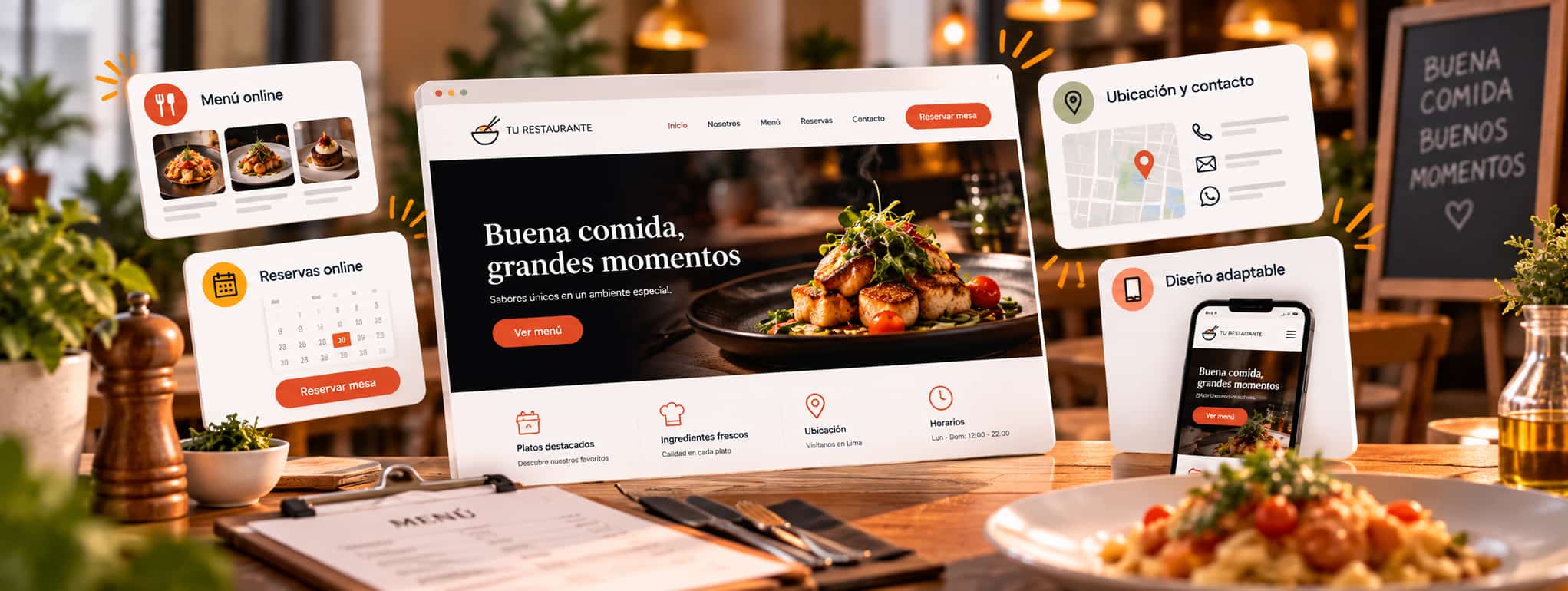 Página web de restaurante con menú, reservas e información del local